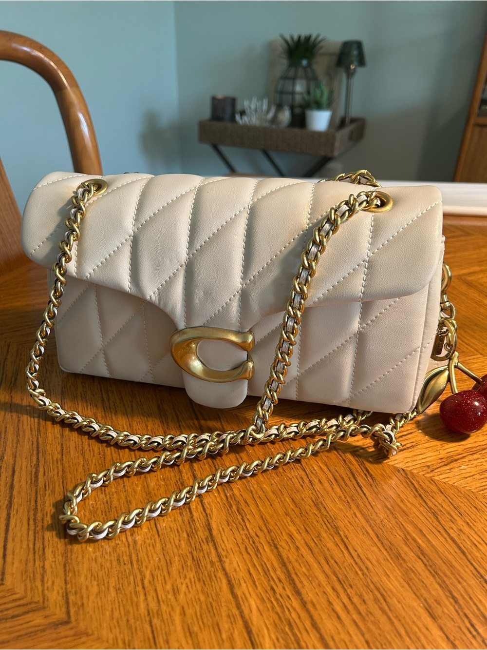 Coach Tabby 26 Quilted Cream Shoulder Bag with Gold Cherry 🍒 Charm